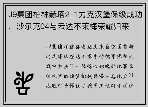 J9集团柏林赫塔2_1力克汉堡保级成功，沙尔克04与云达不莱梅荣耀归来